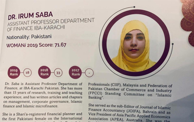  Congratulations to IBA faculty member, Dr. Irum Saba for being recognized in the top 20 most influential women in Islamic Finance at WOMANi Awards Ceremony and Gala Dinner held on June 17, 2019 in Dubai, UAE.